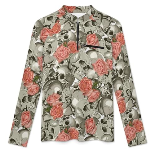 Skull with Roses Pattern Men's Rash Guard Long Sleeves Quick Dry Fishing Workout Shirts with Zipper3