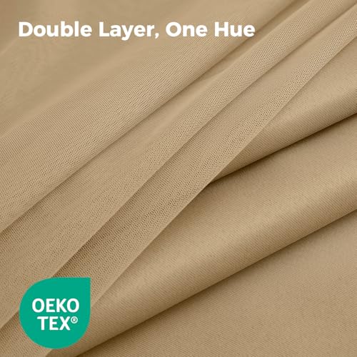 Image of 100% Blackout Curtains for Bedroom, Double Layer Khaki Curtains, Black Out Curtain 84 inch Long with Sheer Overlay for Living Room, Room Darkening Window Drapes with Grommet, 52 inch W x 84 inch L