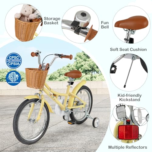 Image of BABY JOY Retro Kids Bike, 12 14 16 18 Inch Child Bike for 3-8 Years Old w /Rattan Basket, Adjustable Height, Training Wheels, Fenders, Handbrake Coaster Brake, 95% Pre-Assembled Kids Bicycle for Girls
