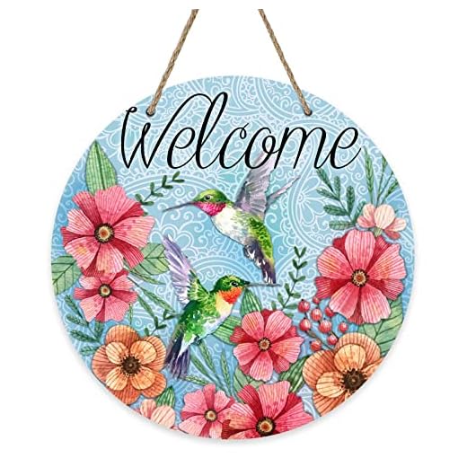 Deroro Welcome Spring Hummingbird Birds Sign for Front Door Decor, Floral Flowers Wood Door Hanger for Outdoor Outside Porch, Seasonal Summer Farmhouse Wooden Wreath Indoor Wall Hanging Decoration