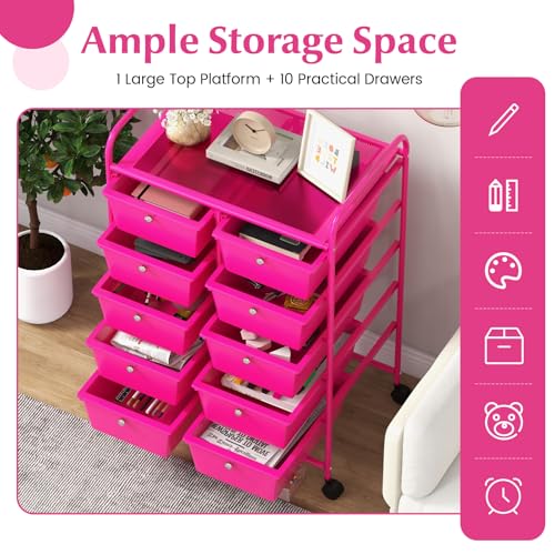 Image of LDAILY 10 Drawer Rolling Cart, Storage Cart Organizer on Wheels, Drawer Cart with Metal Frame & Large Storage Capacity, Rolling Cart with Drawers for Living Room Classroom, Office