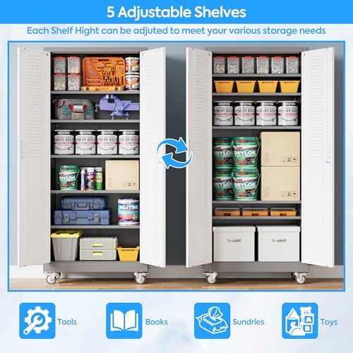 Image of Aobabo Upgrade 71H''*32''W*16''D Metal Garage Storage Cabinet with Wheels and Pegboards, 5 Adjustable Shelves Steel Storage Cabinets for Home,Warehouse,Garage,Assembly Required,Grey and White