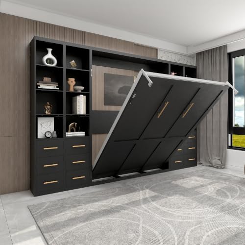 Image of KEIKI Queen Size Vertical Cabinet Murphy Bed with 4 Side Cabinet, Black | Multifunctional Foldable Hideaway Wall Metal Bed Frame, No Box Spring Needed, Easy Assembly, for Bedroom, Guest room