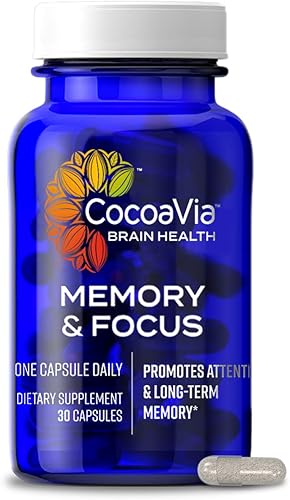 CocoaVia Memory & Focus - Suplemento cerebral, 30 días, mezcla de cacao, flavanol, luteína, cafeína añadida para impulsar. Mejora la función