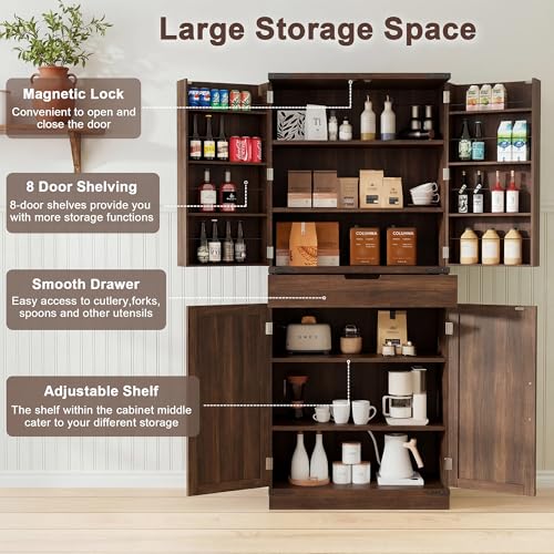 Image of GRUSIGN 72 inch Kitchen Pantry Storage Cabinet with Doors and Shelves, Wood Farmhouse Pantry Storage with Barn Doors for Kitchen, Dining Room, Living Room, Dark Brown
