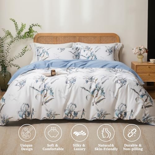 MILDLY Cal King Size Duvet Cover Set 100% Long-Staple Cotton Luxury White & Blue Floral Patten Reversible Comforter Cover Set 3Pcs