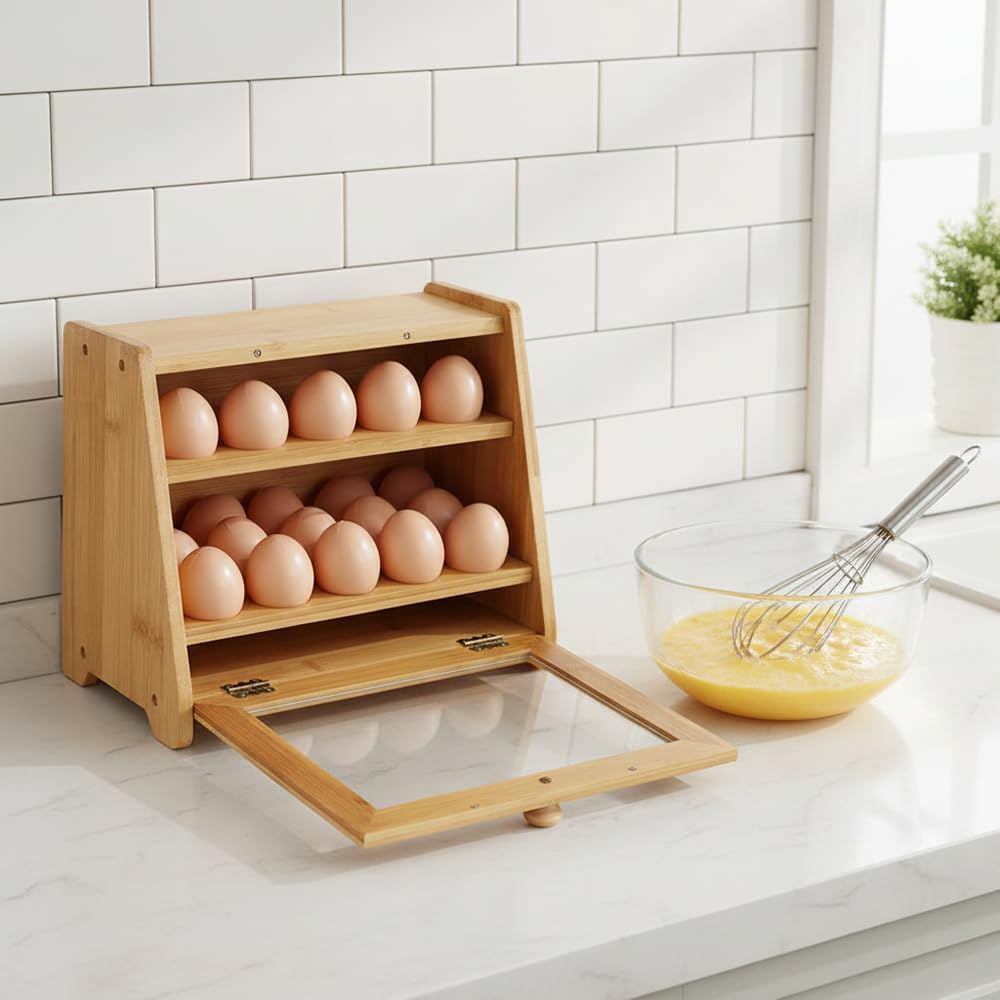 Soporte para huevos de bambú, organizador apilable de encimera de cocina con capacidad para 25 huevos, estante de almacenamiento de huevos de madera natural para refrigerador o encimera