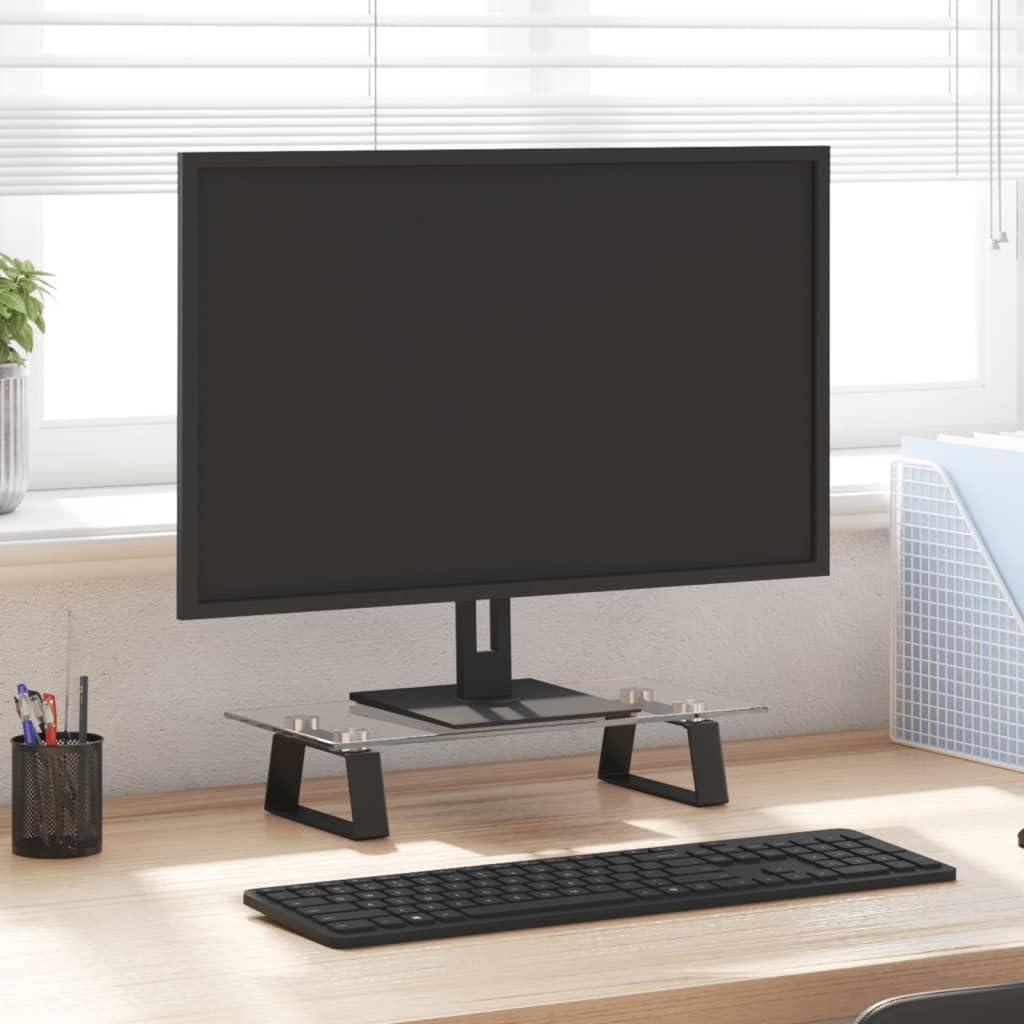 Supporto per monitor, nero, 40 x 20 x 8 cm, vetro temperato, metallo, ergonomico, regolabile in altezza, stabile, organizer da scrivania per casa, gaming e ufficio