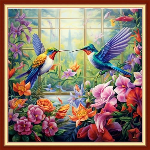 Image of Dimxvean Stamped Cross Stitch Kits,Cross Stitch Kits for Adults Beginners,Embroidery Kits Full Range of Cross Stitch Stamped Kits Needlepoint Kits Cross Stitch Patterns-Hummingbird Flowers 18x18 inch