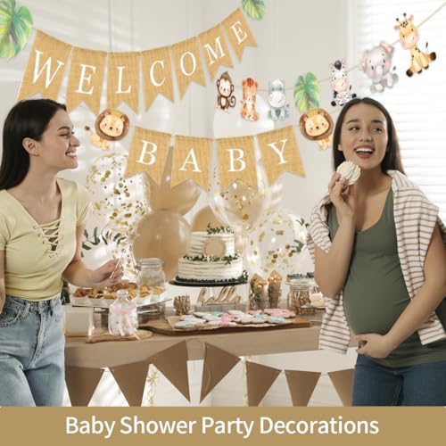 Image of Weecent Pre-Strung 6ft Burlap Welcome Baby Banner for Safari Baby Shower Decorations Neutral Jungle Animals Gender Reveal Party Decor