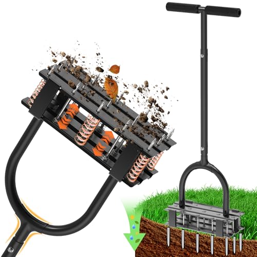 Image of Aerator Lawn Tool - 2-in-1 Reinforced Heavy Duty Manual Lawn Aerator with 15 Spikes, Automatic Dirt and Leaf Clean Design, Adjustable T-Handle (Gloss Black)