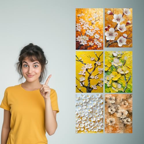Image of SiddArtify Golden Yellow & White Floral Impasto Art Print Set - 300GSM Board - 8x12 Inch - Pack of 6 Wall Room Decoration art Poster Prints