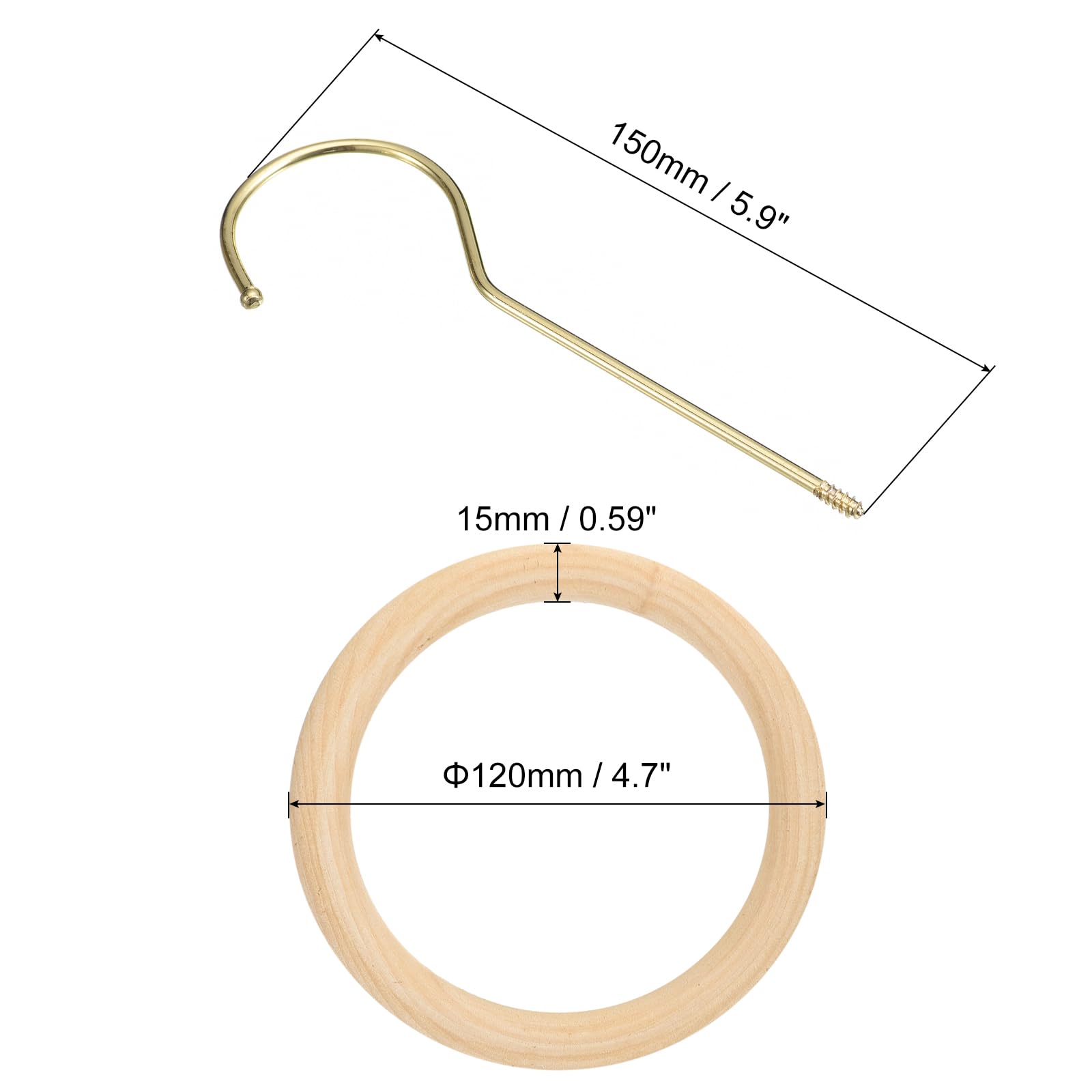 uxcell 4.7 Inch Scarf Ring Hanger, Scarf Organizer Holder Wooden Circle Rings Hanging Hook for Belt Tie Scarf, 15cm Length Hook (Gold)
