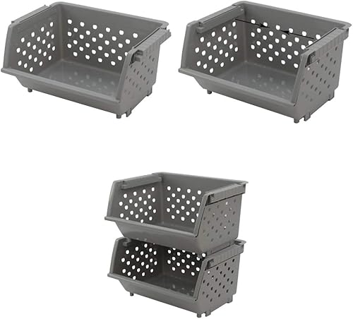 Miniatura 4 de Cesta organizadora apilable de plástico gris, cesta de almacenamiento apilable, juego de 3