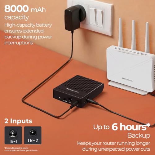 Image of Zebronics Router UPS, 8000mAh Battery, Upto 6 Hours Backup, 3A Output, Dual Input Ports, Fast Charging, Over Voltage & Short Circuit Protection, Portable and Carry-Friendly (EnergiUPS 8K)