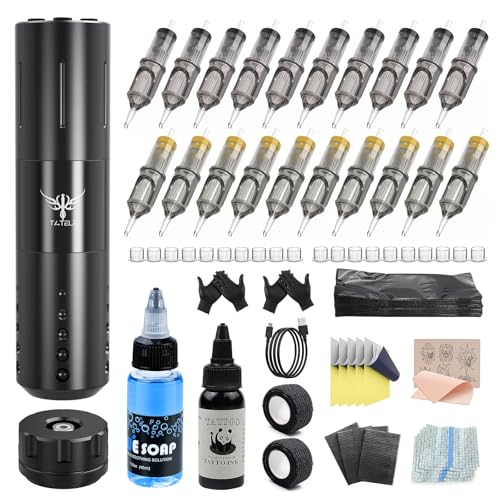 TATELF Wireless Battery Maschine Set Drahtlo Pen mit 1800mAh Power Supply 20 Stück Nadel 100 Stiftabdeckungen Komplettes Zubehör für Anfänger und Künstler