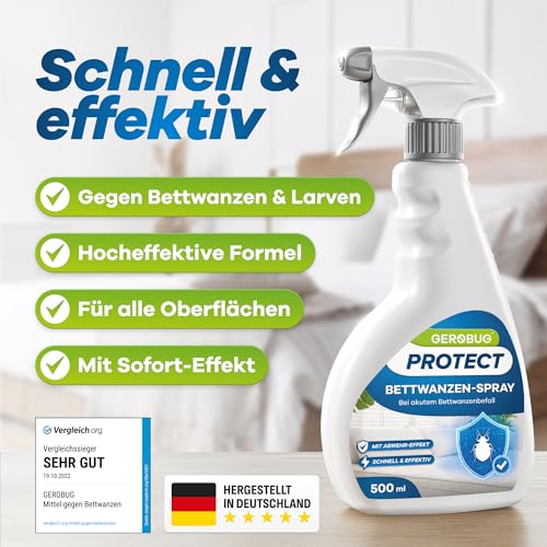 Gerobug Bettwanzen-Spray 500 ml - Bettwanzen schnell & effektiv loswerden für Matratzen, Möbel, Hotels & auf Reisen - Sofortschutz-Mittel gegen Bettwanzen, beste Alternative zur Bettwanzenfalle