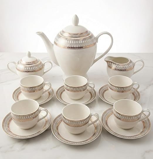 Image of DELIK 17 Piece Ceramic Tea Set | Luxury Teapot Set with Cups, Saucers, Sugar Pot & Milk Jug | Elegant High Tea Set for Home, Wedding & Gift