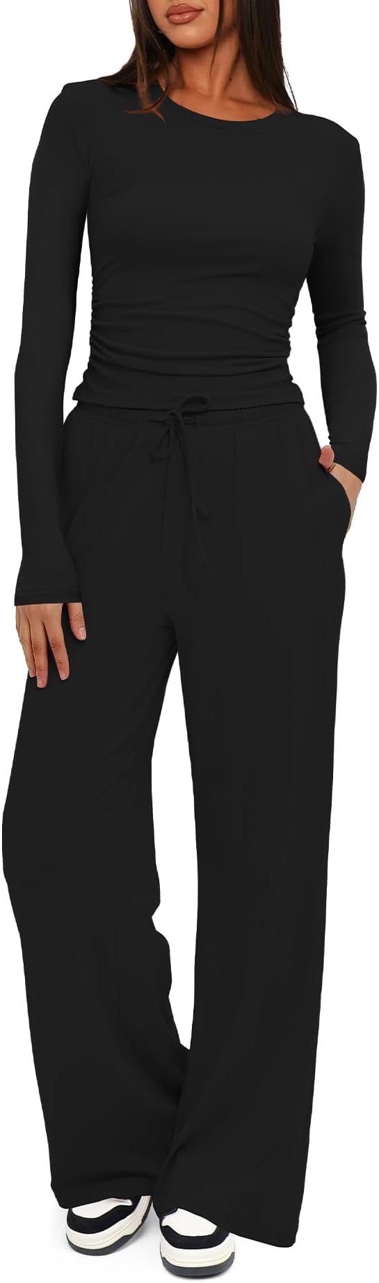 Women's 2 Piece Outfits Lounge Sets 2026 Long Sleeve Tops Wide Leg Pants Casual Matching Set