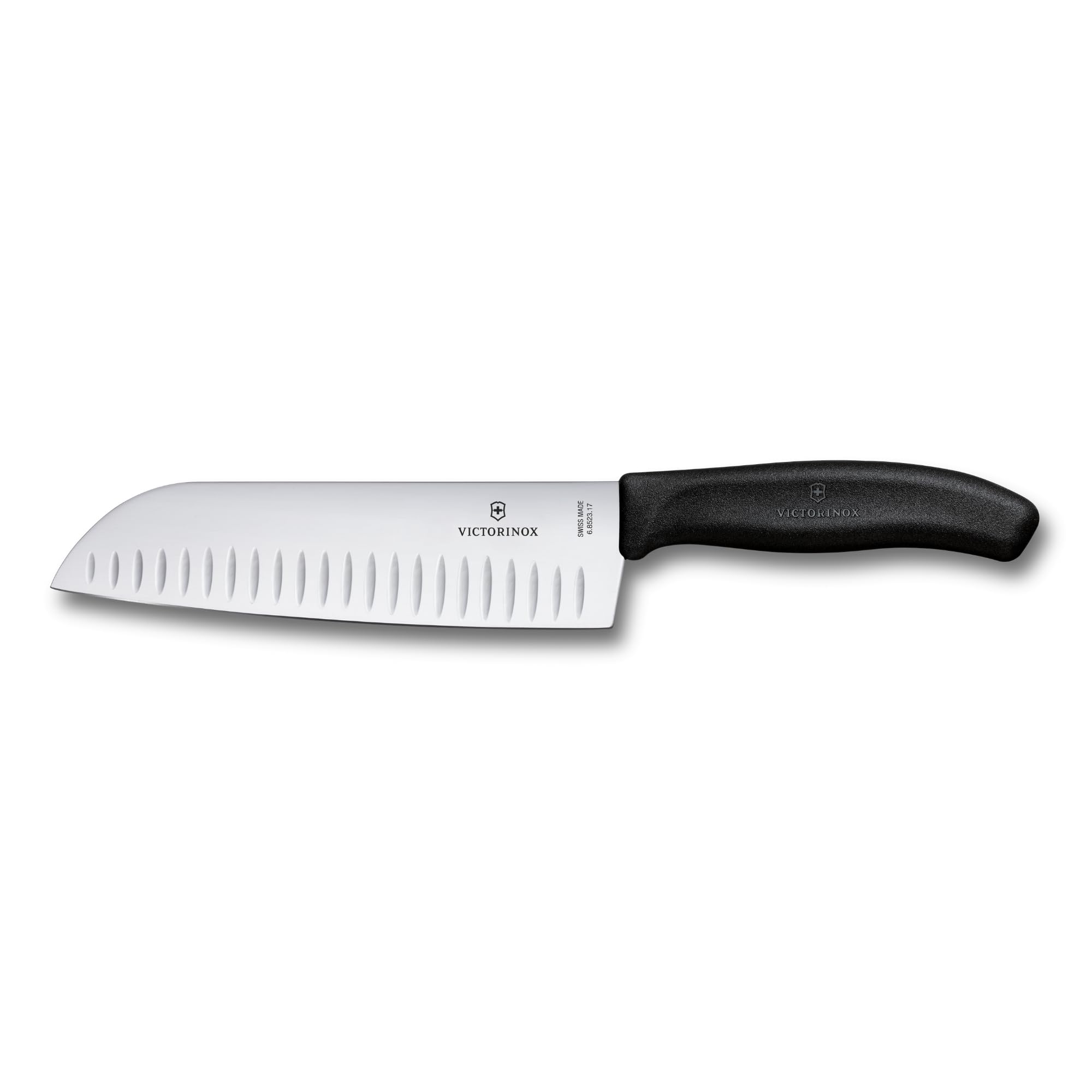 Victorinox Swiss Classic Santokumesser, Messer Asiatischer Art, Extra Scharfe Klinge, Kullenschliff, 17 cm, Rostfreier Stahl, Blister, Schwarz