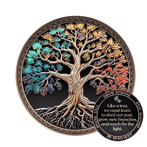 Image of MilestoneMint Affirmation Sobriety Coin Tree of Life Gift Set | Anniversary Sobriety Gifts for Men & Women | AA Coins and Medallions with Token Capsule, Stand & Card | 3D Texture, Recovery AA Chips