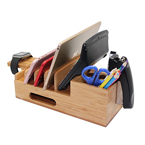 Pezin & Hulin Bamboo Charging Station, Multiple Devices Organizer for Phones,Tablet, Office Desktop Wooden Docking Stations (Include 5 x Charger Cable), Storage Box Stand for Pen, Key, Remote