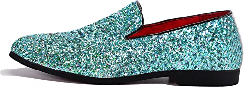 Mens Smoking Sparkling Slipper Metallic Sequins Textured Glitter Tuxedo Slip-on Prom Loafers Luxury Wedding Dress Shoes (12 M US, Green)2
