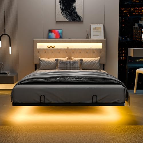 Bonnlo Lit 140 x 190 avec Sommier, Lit 2 Personnes Flottant avec Éclairage LED et Ports USB/Type-C, Tête de Lit Tapissée avec Rangement, Structure Stable en Métal,...