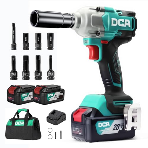 DCA Cordless Impact Wrench 1/2 INCH Max 503Ft-lbs/682N.m Brushless Impact Gun High Torque Electric Impact Driver with Hog Ring 4 Modes with Smart Loosen Function 2 * 4.0Ah Battery