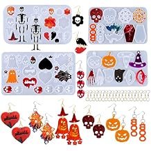 224 PCS Halloween Earring Resin Molds with Hole, Silicone Molds with 80 Earring Hooks Skull Pumpkin Bat Spider Epoxy Resin Jewelry Mold Pendant Keychain
