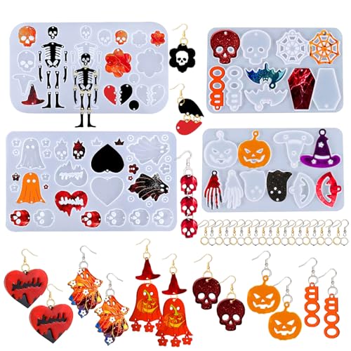 Rifanda 224 PCS Halloween Earring Resin Molds with Hole Silicone Molds with 80 Earring Hooks Skull Pumpkin Bat Spider Epoxy Resin Jewelry Mold Pendant Keychain