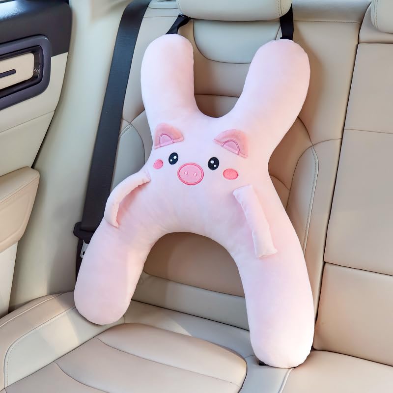 Image of Car Pillow for Travel Animal-Themed Car Seat Cushion with Safety Belt Protector Soft Plush Material 4 Cute Styles: Pig, Dog, Rabbit, Panda (Pig)