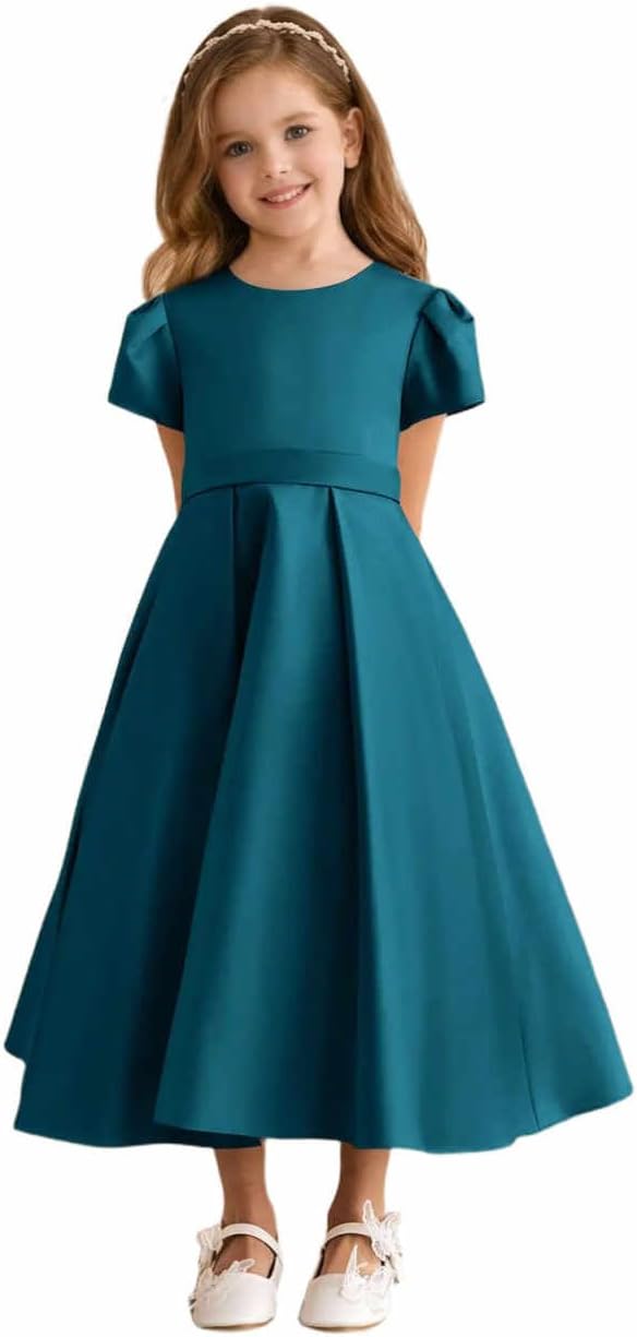 Satin Flower Girl Dress with Short Sleeve Bow Girls Flower Girl Dress Scoop Neck Formal Girl Dresses