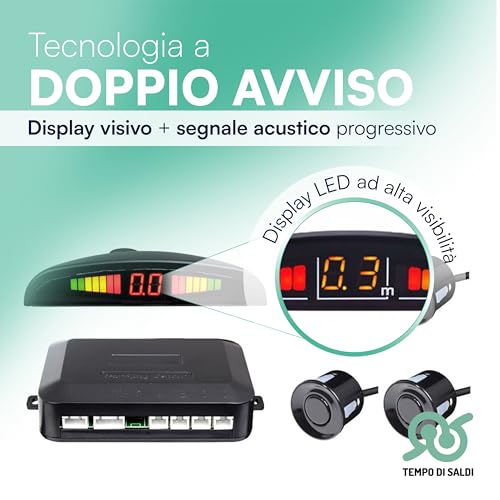 Terza immagine TEMPO DI SALDI Kit di 4 Sensori Parcheggio Auto Universali con Display LED, Segnalatore Acustico, Centralina e Punta a Tazza Inclusa - Sensori di Parcheggio Posteriori verniciabili