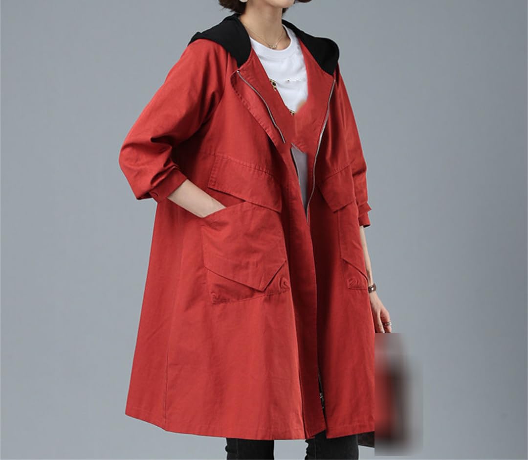 Primavera E Autunno Trench Da Donna Di Mezza Lunghezza Con Cappuccio Cerniera Giacca Allentata Donna Cappotto Di Mezza Età