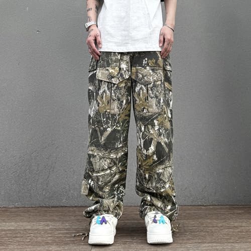 Women's Y2K Retro Cargo Pants Loose Fit Leaf Camo Print Streetwear Casual Trousers Unisex Baggy Jeans Edgy Style Dark Black3