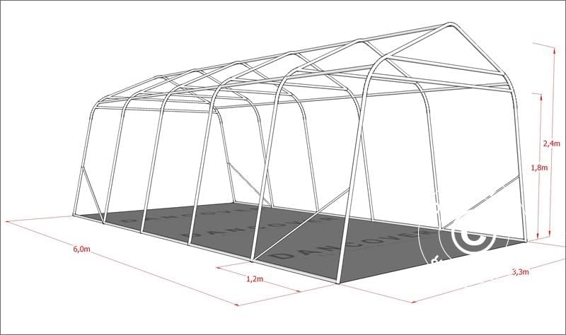 Dimensional diagram of the Dancover garage tent showing length, width, and height measurements