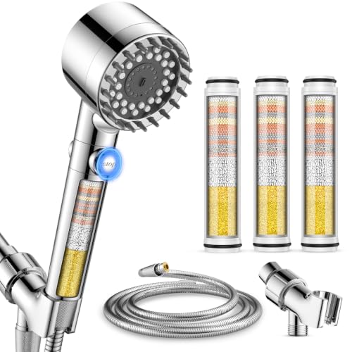 Vatex Filtered Shower Head with Handheld High Pressure 4 Spray Showerhead with ON/OFF Switch Shower Heads with 3 Filters for Hard Water Remove Chlorine Reduce Dry Itchy Skin