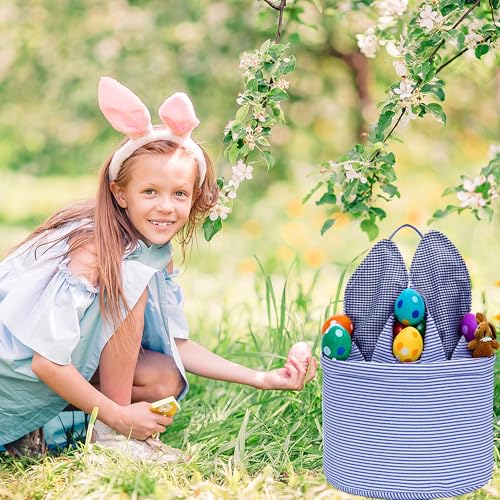 Image of Easter Basket Seersucker Egg Hunt Bunny Baskets for Kids with Cute Rabbit Ears Stripe Storage Gifts Candies Personalized Easter Party Gifts