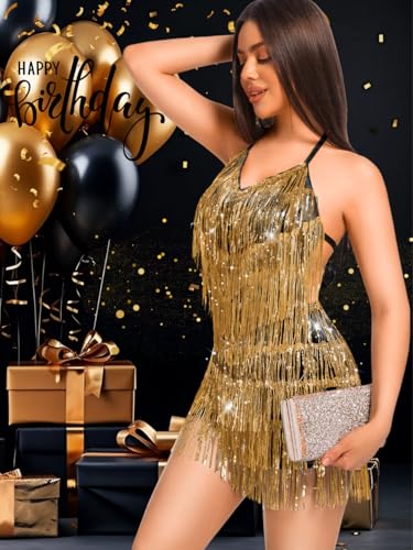 Image of Kaei&Shi Sequin Fringe Romper,Sparkly Glitter Metallic Jumpsuits For Women,Backless Shorts Dress Disco Birthday Dance Outfit