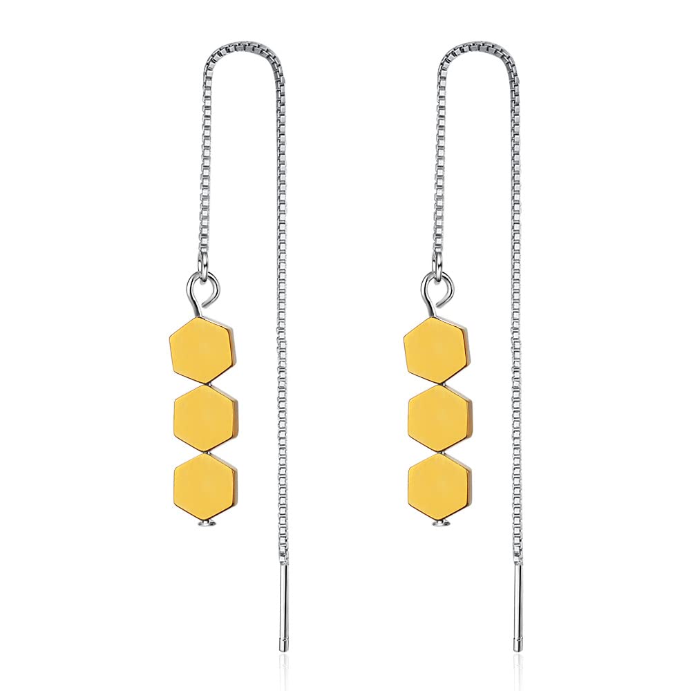 QIAMNI 925 Sterling Silver Blue Hexagon Needle Drop Threader Pull Through Earrings for Womens