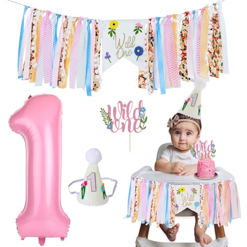 Image of Wild Flower High Chair Banner for First Birthday Party Decoration | Pink Floral Wild One High Chair Tassel Banner for Girls Wildflower 1st Birthday Backdrop Decors Baby Shower Party Supplies