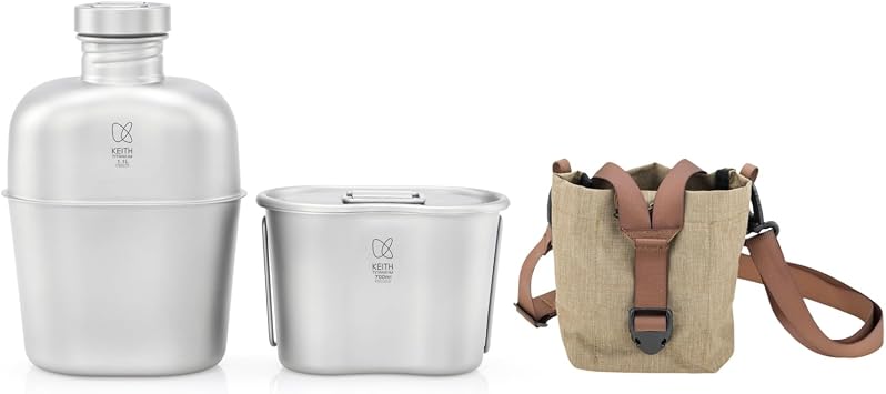 KEITH Ti3060 Titanium Canteen Mess Kit 37oz/1100ml Army Canteen & 700ml Pot Portable Cookware with Camouflage Bag for Survival Backpacking