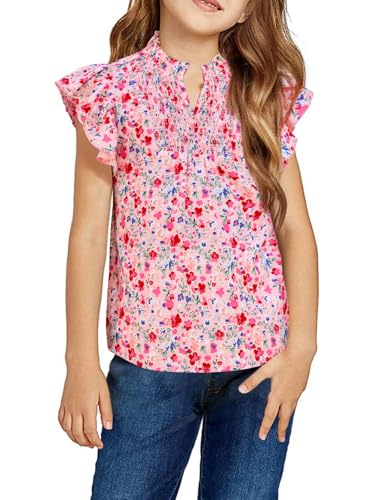 Image of Haloumoning Girls Ruffle Short Sleeve Floral Chiffon Blouses Kids Summer Shirts Tops 5-14 Years