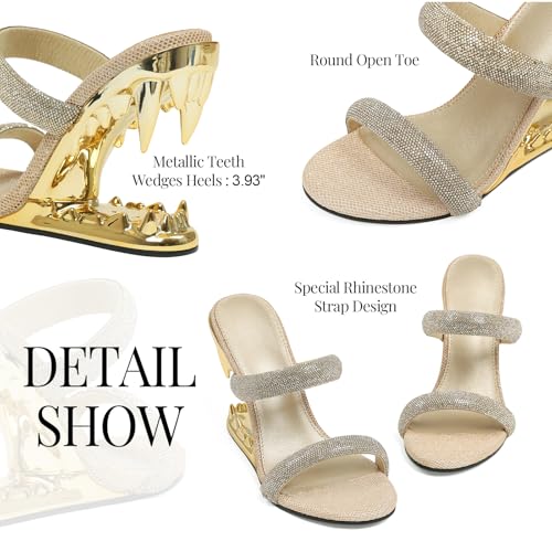 Image of Goiphrri Wedge Sandals for Women Strappy Heels Round Open Toe Heels Metallic Shark Tiger Teeth heeled Sandals Flip Flops Thong Womens Mules Slip on Party Dress Wedding Ceremony