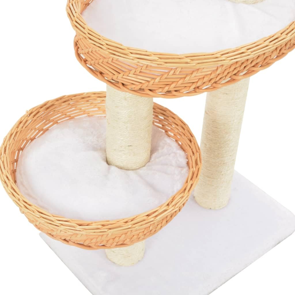 Katzen-Kratzbaum aus natürlichem Weidenholz mit Sisal-Kratzsäulen 85 cm Höhe, 3 Weidenkörbe, abnehmbare Kissen, stabiles Holz-Massiv Naturdesign für Indoor Katzenpflege und Kletterspaß