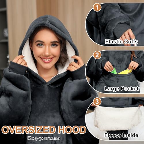 Yuson Girl Neutraler Kapuzenpulli mit Taschen Haustiermuster Winter Warm Übergröße Decke Sweatshirt Pullover mit Kapuze Langarm Kapuzenpulli Super Weich Bequem Riesen Kapuzenpulli(Grau)