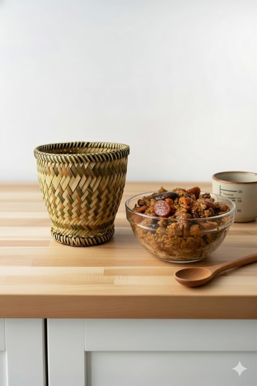 Thai Bamboo Sticky Rice Steamer Basket con coperchio e tazza, tradizionale contenitore in vimini intrecciato a mano per riso al vapore, supporto naturale per alimenti caldi e conservati per cucina