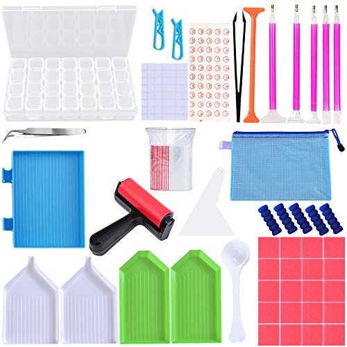 TOPSEAS Outils de Peinture Diamant,94 pcs Accessoires de Diamond Painting,avec Boîte de Rangement Diamant, Point Stylo Rapide,Colle,Plaque de Diamant,et étiquette pour DIY Artisanat