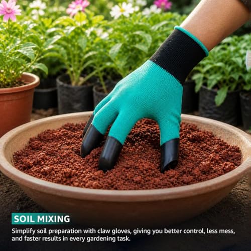 Image of Anandi Green's Heavy Duty Garden Claw Gloves with ABS Fingertip Claws for Digging, Planting, Weeding & Soil Mixing Free Size, Green Color